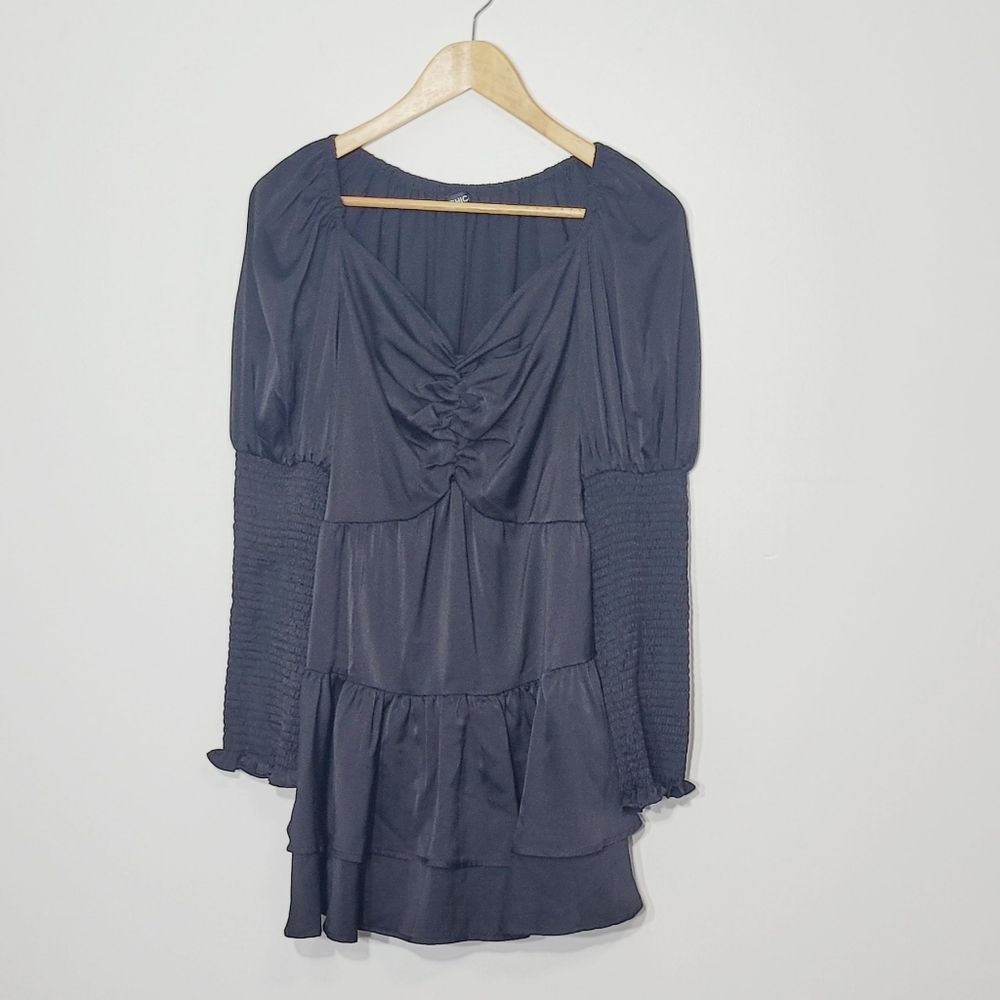 CHICME Black Coquette Cocktail Dress Pinched Neckline Ruffle Bottom Boho Small